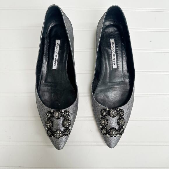 Manolo Blahnik Hangisi Silver Glitter Crystal Buckle Flats Metallic Ballerina - Picture 1 of 9